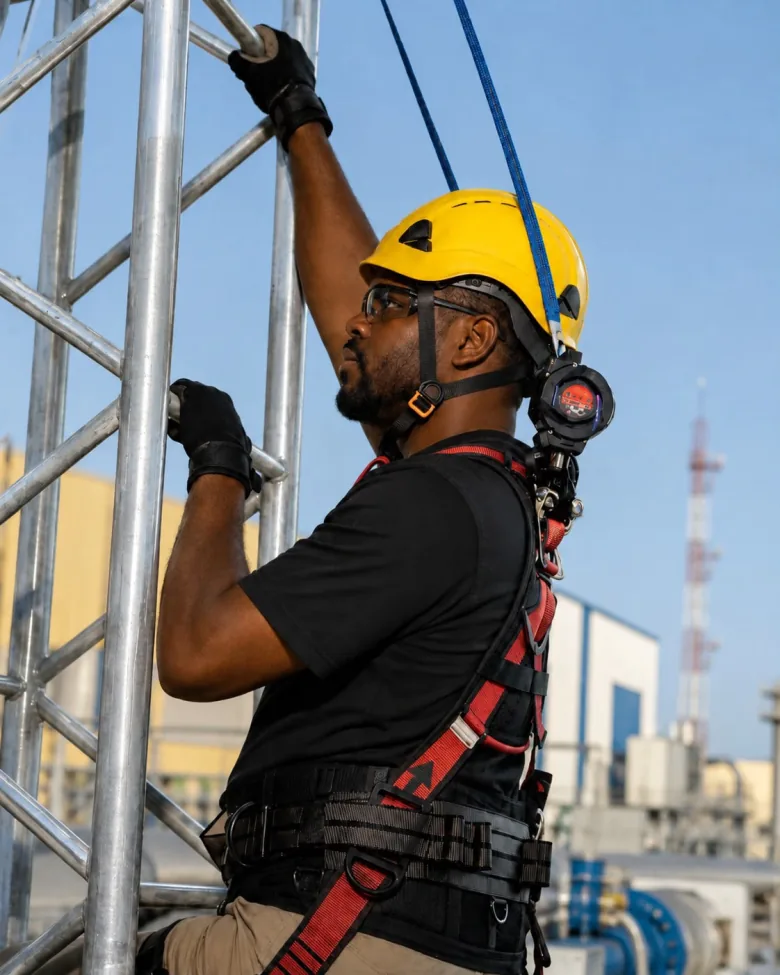 Técnico de acesso por corda em operação de trabalho em altura